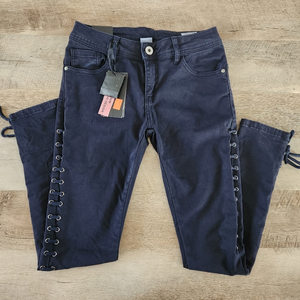 Navy Blue Lace Up Jeans